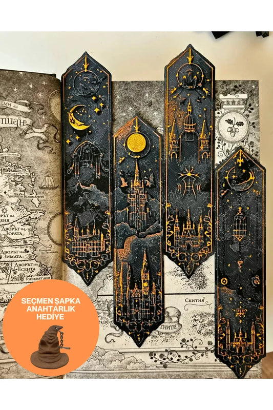 Harry Potter Hogwarts Seri 1 Kabartmalı Kitap Ayracı 4lü Set ( Hp Seçmen Şapka Anahtarlık Hediyeli )